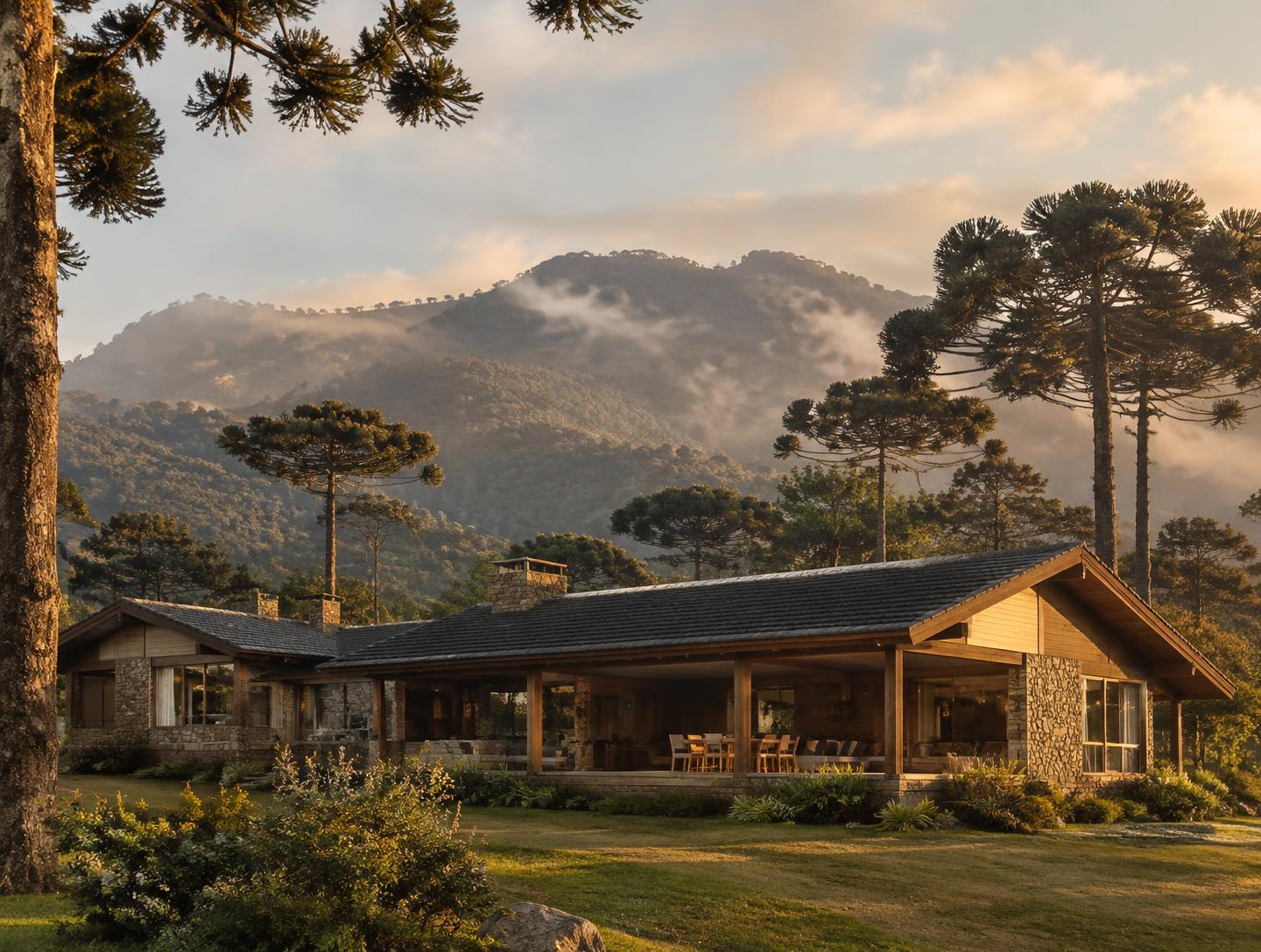 Casa Horizonte com varanda coberta, gramado e montanhas com neblina ao fundo