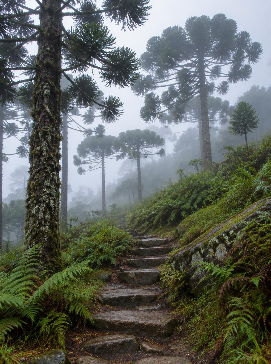 Trilha com degraus de pedra entre araucárias e samambaias em manhã de neblina