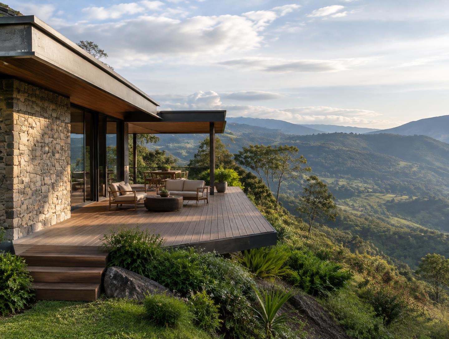 Deck de madeira da Casa Pedra, com parede de pedra e vista aberta para o vale